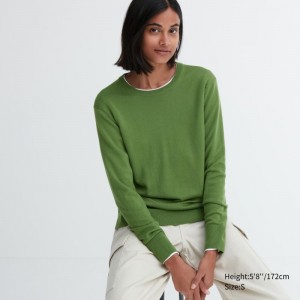 Green Women Uniqlo Extra Fine Merino Crew Neck Sweaters | USA NYBDM-7186