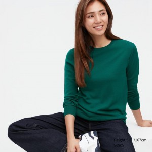 Green Women Uniqlo Extra Fine Merino Crew Neck Sweaters | USA FQGHI-2507