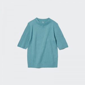 Green Women Uniqlo Extra Fine Merino Ribbed Half-sleeve Short Sweaters | USA QLHNF-5017