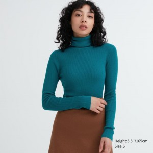 Green Women Uniqlo Extra Fine Merino Ribbed Turtleneck Long-sleeve Sweaters | USA EWKCL-9265