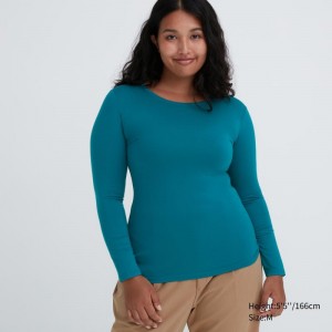 Green Women Uniqlo Heattech Crew Neck Long-sleeve T Shirts | USA KWTSG-8975