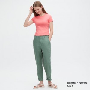 Green Women Uniqlo Linen Cotton Tapered Pants | USA JYNIO-6349