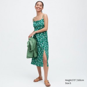 Green Women Uniqlo Printed Front Slit Camisole Dress | USA EWHBS-9610