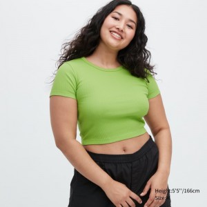 Green Women Uniqlo Ribbed Crew Neck Short-sleeve Cropped T Shirts | USA JYSUD-8275