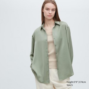 Green Women Uniqlo Satin Long-sleeve Blouse | USA EKABR-9816