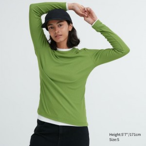 Green Women Uniqlo Sheer Jersey Crew Neck Long-sleeve T Shirts | USA CWTJB-4687