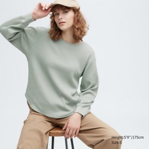 Green Women Uniqlo Waffle Crew Neck Long-sleeve T Shirts | USA GEPXH-1268