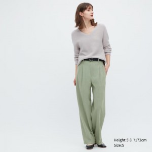 Green Women Uniqlo Wide-fit Pleated (Tall) Pants | USA LMCNP-9132