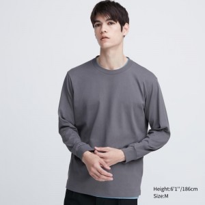 Grey Men Uniqlo Airism Cotton Uv Protection Crew Neck T Shirts | USA ASIYO-6389