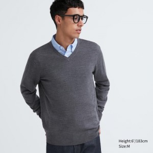 Grey Men Uniqlo Extra Fine Merino V-neck Sweaters | USA MZROK-9150