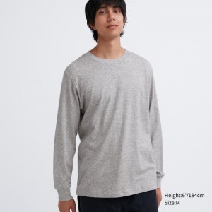 Grey Men Uniqlo Soft Brushed Crew Neck Long-sleeve T Shirts | USA WNZIG-6504