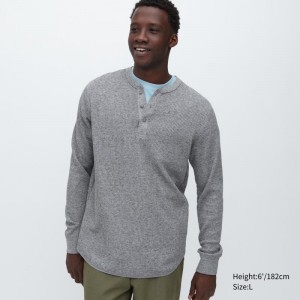 Grey Men Uniqlo Waffle Long-sleeve Henley T Shirts | USA CFHWZ-3601