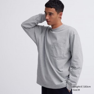 Grey Men Uniqlo Washed Cotton Crew Neck Long-sleeve T Shirts | USA BPWYI-0372