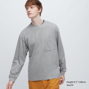 Grey Men Uniqlo Washed Cotton Crew Neck Long-sleeve T Shirts | USA PNJTG-8125