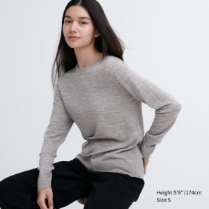 Grey Women Uniqlo Extra Fine Merino Crew Neck Sweaters | USA QYONJ-8236