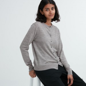 Grey Women Uniqlo Extra Fine Merino Crew Neck Cardigan | USA TDYEC-0261