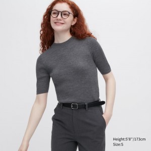 Grey Women Uniqlo Extra Fine Merino Ribbed Mock Neck Half-sleeve Sweaters | USA PCMVF-0425