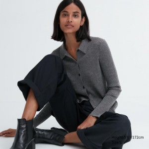 Grey Women Uniqlo Extra Fine Merino Ribbed Polo Cardigan | USA EWJMD-3826