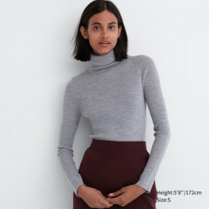 Grey Women Uniqlo Extra Fine Merino Ribbed Turtleneck Long-sleeve Sweaters | USA UCWPB-5921