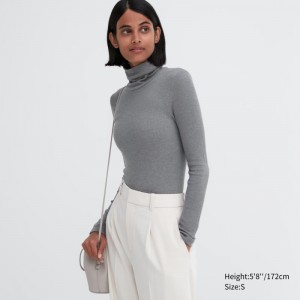 Grey Women Uniqlo Heattech Extra Warm Seamless Ribbed Turtleneck Long-sleeve T Shirts | USA ZTLMN-7314