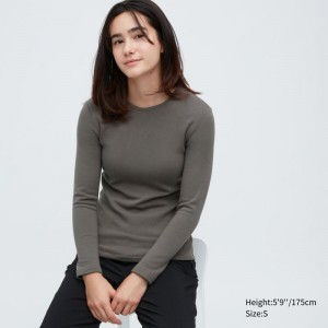 Grey Women Uniqlo Heattech Ultra Warm Crew Neck Long-sleeve T Shirts | USA UXKEV-9412