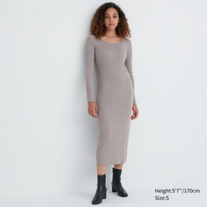 Grey Women Uniqlo Merino Blend Fitted U-neck Long-sleeve Dress | USA KNSAJ-0192