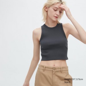 Grey Women Uniqlo Ribbed Racer Back Cropped Tank Tops | USA QZWVA-5934