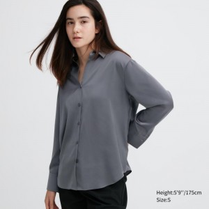 Grey Women Uniqlo Satin Long Sleeve Blouse | USA WDUJV-6017