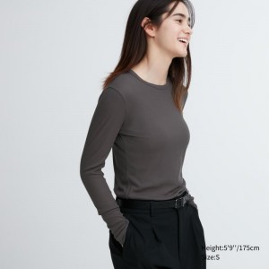 Grey Women Uniqlo Sheer Jersey Crew Neck Long-sleeve T Shirts | USA KJIXT-1203