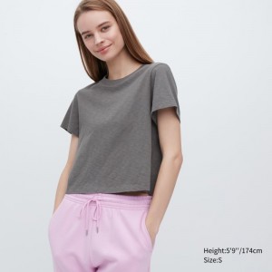 Grey Women Uniqlo Slub Jersey Cropped Short-sleeve T Shirts | USA NULJI-5629