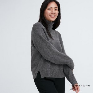 Grey Women Uniqlo Souffle Yarn Long Sleeve High Neck Sweaters | USA MRJCH-9502