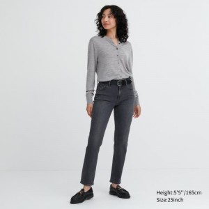 Grey Women Uniqlo Stretch Slim Straight Jeans | USA ODPQM-4195