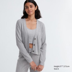 Grey Women Uniqlo Washable Knit Ribbed Long-sleeve Cardigan | USA UCLJX-9024