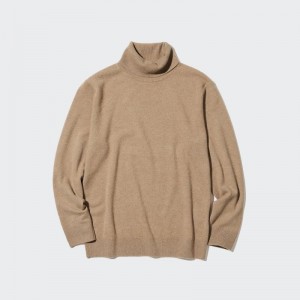 Khaki Men Uniqlo Cashmere Turtleneck Long-sleeve Sweaters | USA BHUMN-3281