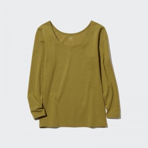 Khaki Women Uniqlo Heattech Cotton Scoop Neck Long-sleeve (Extra Warm) T Shirts | USA VWADY-5408