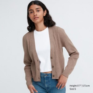 Khaki Women Uniqlo Washable Knit Ribbed Long-sleeve Cardigan | USA VXWTP-6750