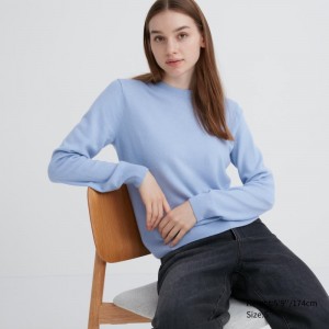 Light Blue Women Uniqlo Cashmere Crew Neck Long-sleeve Sweaters | USA TKHAQ-8471