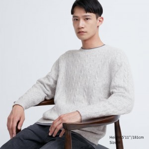 Light Grey Men Uniqlo Souffle Yarn Cable Crew Neck Sweaters | USA AZCSB-3850