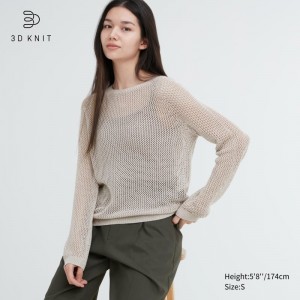 Light Grey Women Uniqlo 3d Knit Mesh Long-sleeve Crew Neck Sweaters | USA BVHIA-4612