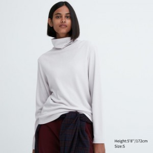 Light Grey Women Uniqlo Heattech Fleece Turtleneck Long-sleeve T Shirts | USA LYXDQ-1290