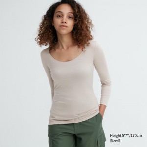 Light Grey Women Uniqlo Heattech Scoop Neck Long-sleeve T Shirts | USA BGVWZ-9372