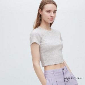 Light Grey Women Uniqlo Ribbed Crew Neck Short-sleeve Cropped T Shirts | USA SPRIJ-5280