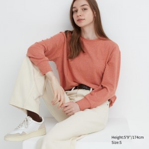 Light Orange Women Uniqlo Soft Knitted Fleece Crew Neck Long-sleeve T Shirts | USA ORZKU-6904