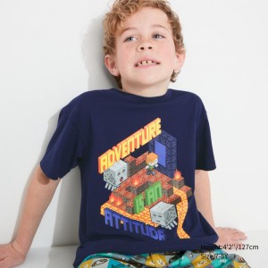 Navy Kids Uniqlo Minecraft Ut (Short-sleeve Graphic) T Shirts | USA PHFOJ-7069