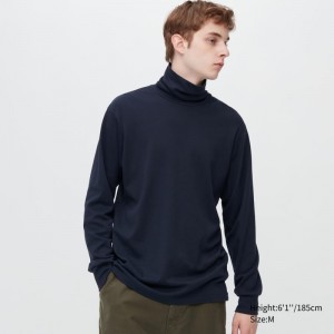 Navy Men Uniqlo Brushed Cotton Turtleneck Long-sleeve T Shirts | USA BHOEI-8645