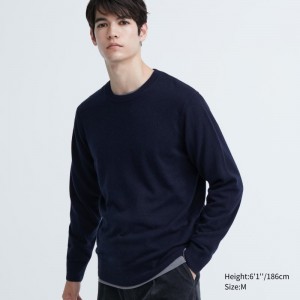 Navy Men Uniqlo Cashmere Crew Neck Long-sleeve Sweaters | USA OFUQI-5604