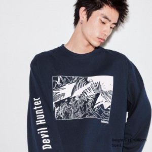 Navy Men Uniqlo Chainsaw Man × Kosuke Kawamura Ut (Long-sleeve Graphic) T Shirts | USA EVHNM-0219