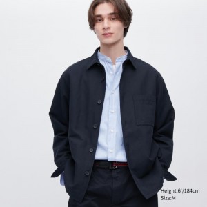 Navy Men Uniqlo Cotton Linen Over Shirt Jackets | USA ULTQB-9418