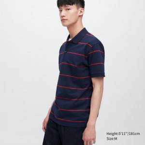 Navy Men Uniqlo Dry Pique Striped Short-sleeve Polo Shirts | USA PDJBN-4703