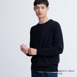 Navy Men Uniqlo Extra Fine Merino Crew Neck Sweaters | USA KYZXG-6728